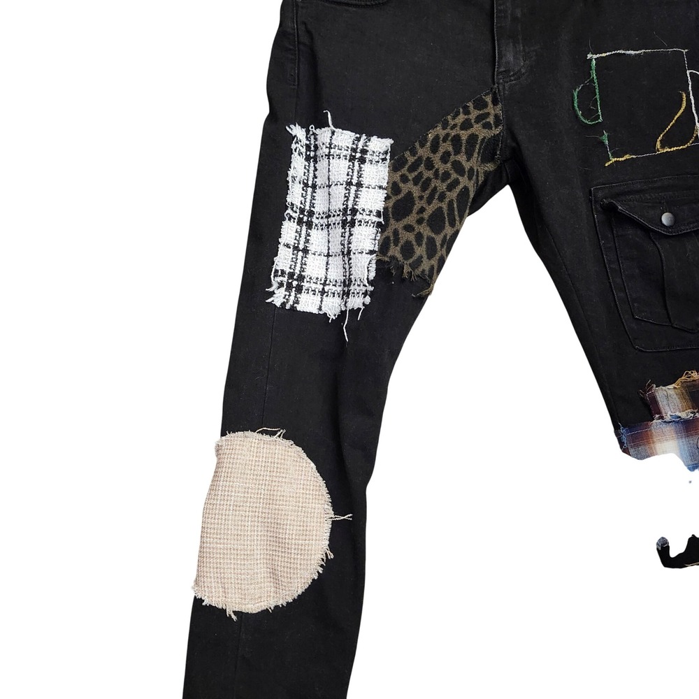 Embellish‎ Trey Black Cargo Patchwork Jeans Leopard Plaid Size 36 Streetwear - Picture 4 of 14